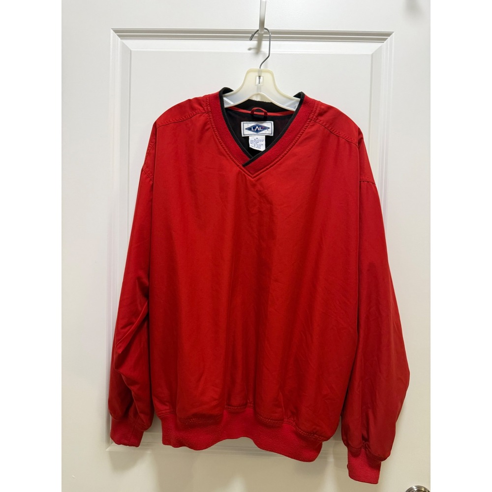 LAL Mens Red V-Neck Windbreaker Pullover Mesh Lined Side Zip Jacket Size M